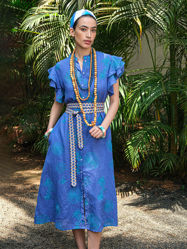 Cypress Dress Petrol Flowers on Blue