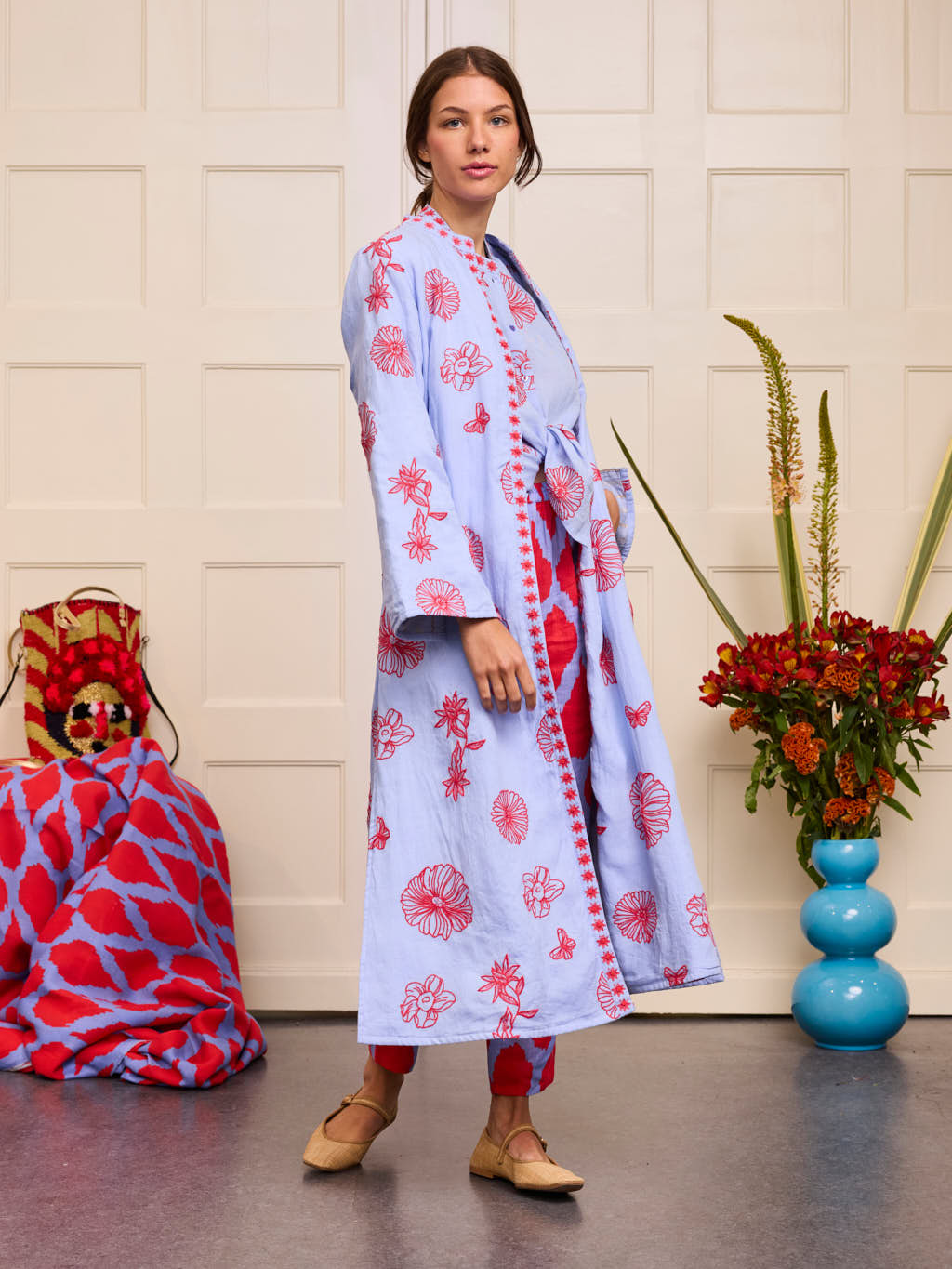 Chili Pepper Coat Red Flowers on Pastel Blue