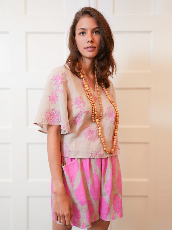 Orris Blouse Pink Flower on Beige