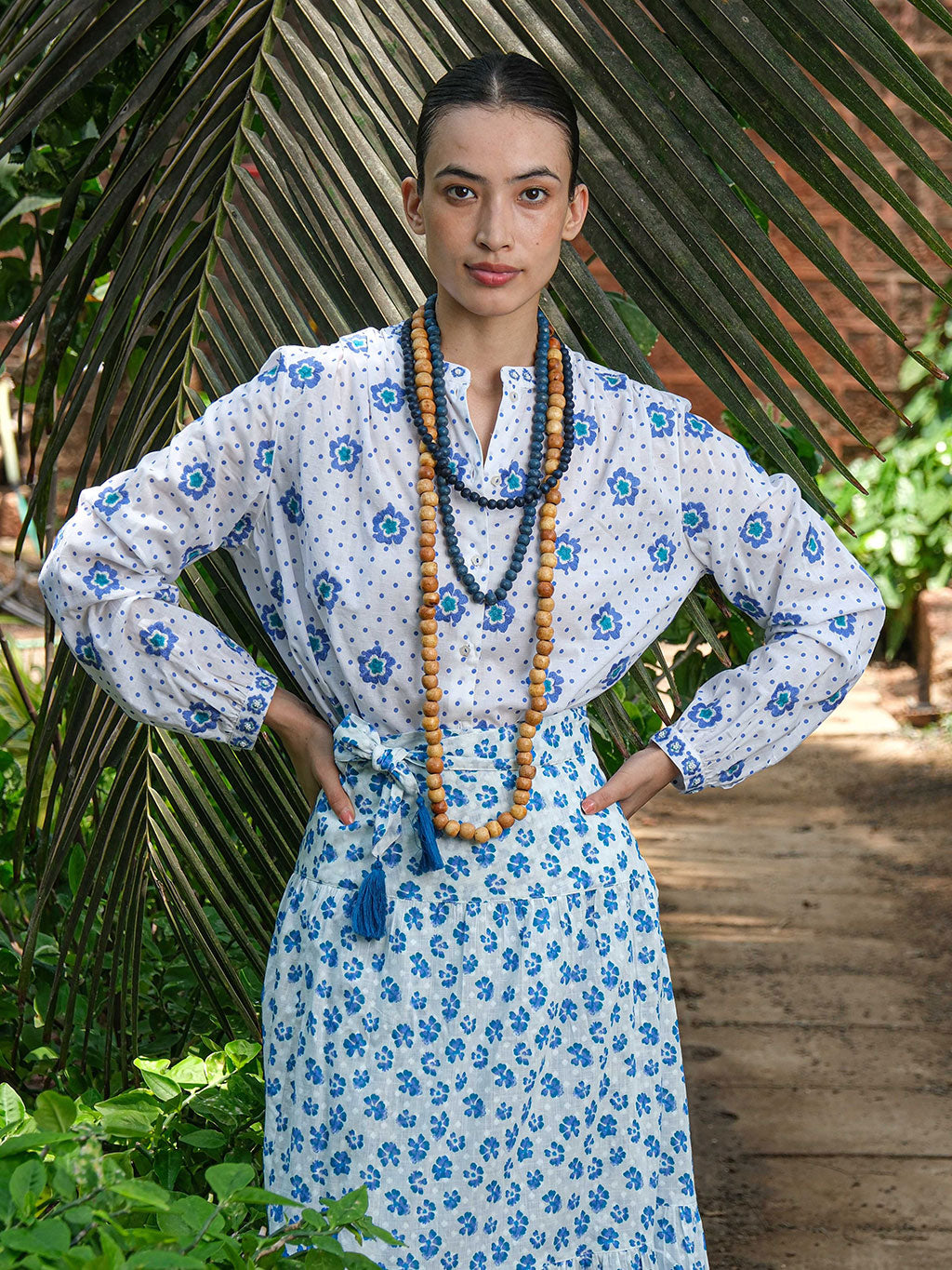Columbia Blouse Blue Dots Flower Embroidery
