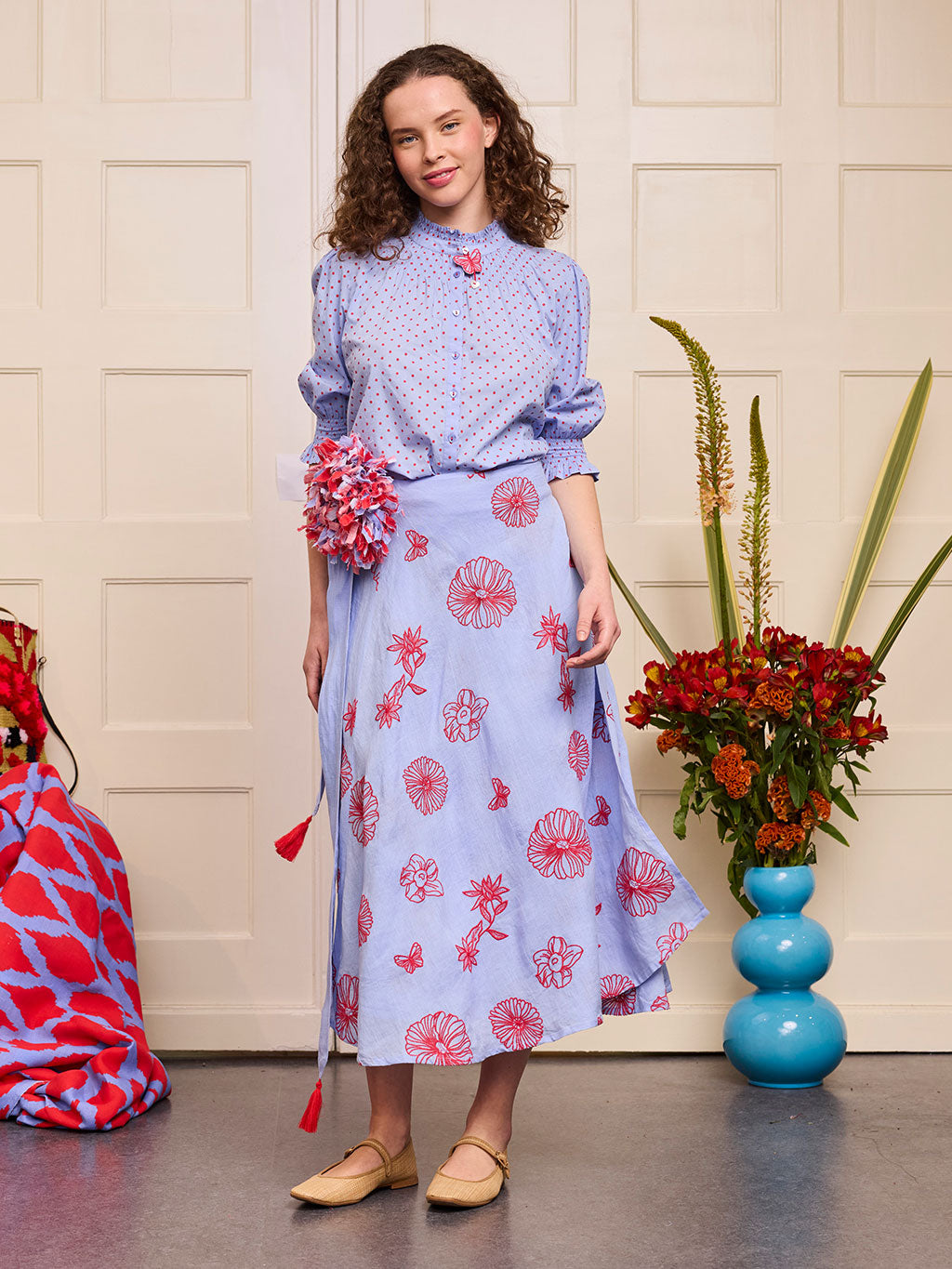 Chervil Skirt Red Flowers on Pastel Blue