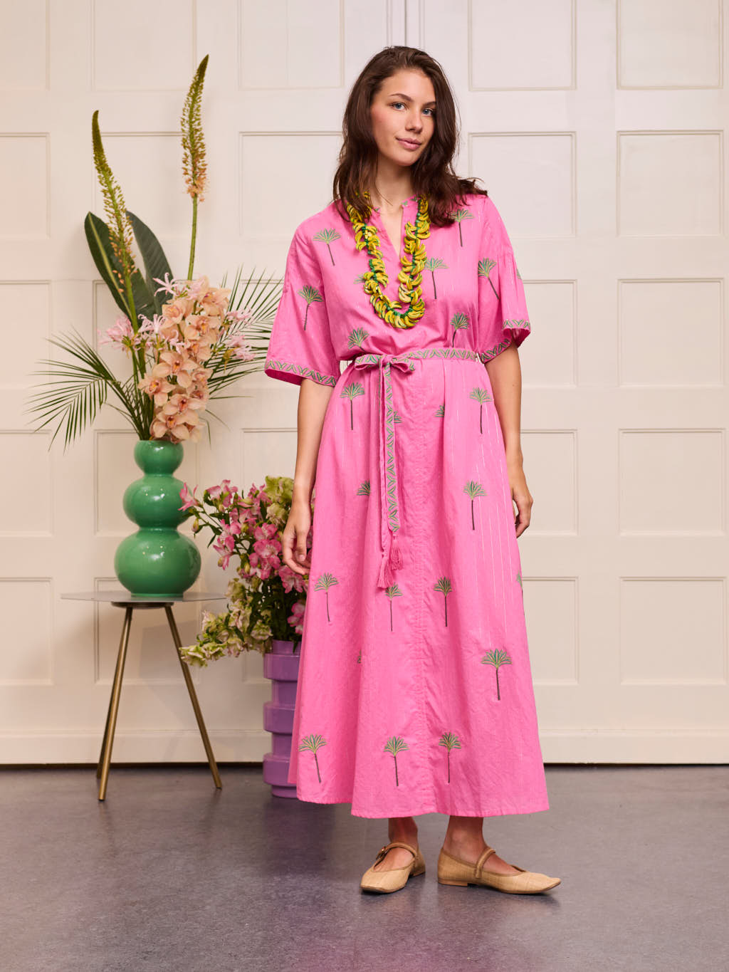 Oleander Dress Long Palm on Pink Lurex Stripe