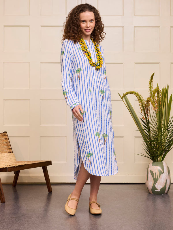 Cedar Kaftan Palm on Blue Stripes