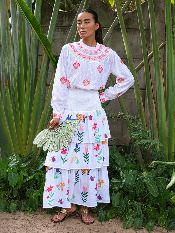 Spearmint Skirt Mexican Embroidery on White