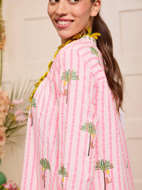 Lily Dress Palm on Pink Stripes