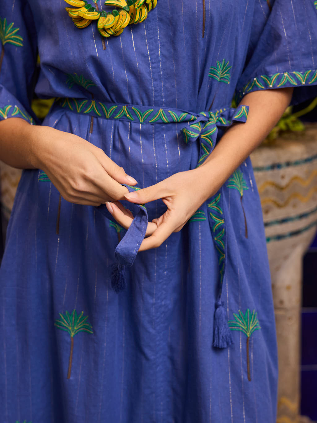 Oleander Dress Long Palm on Blue Lurex Stripe