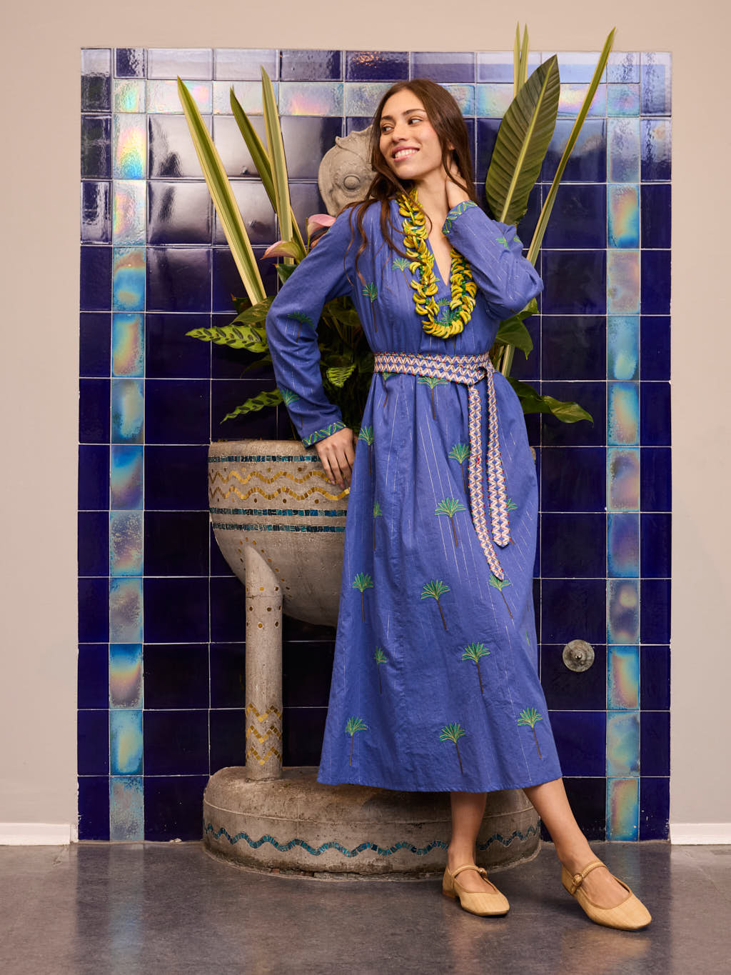 Sandalwood Dress Palm on Blue Lurex Stripe