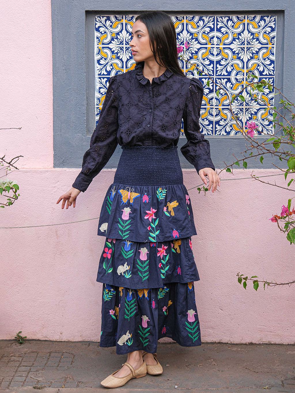 Spearmint Skirt Mexican Embroidery on Navy