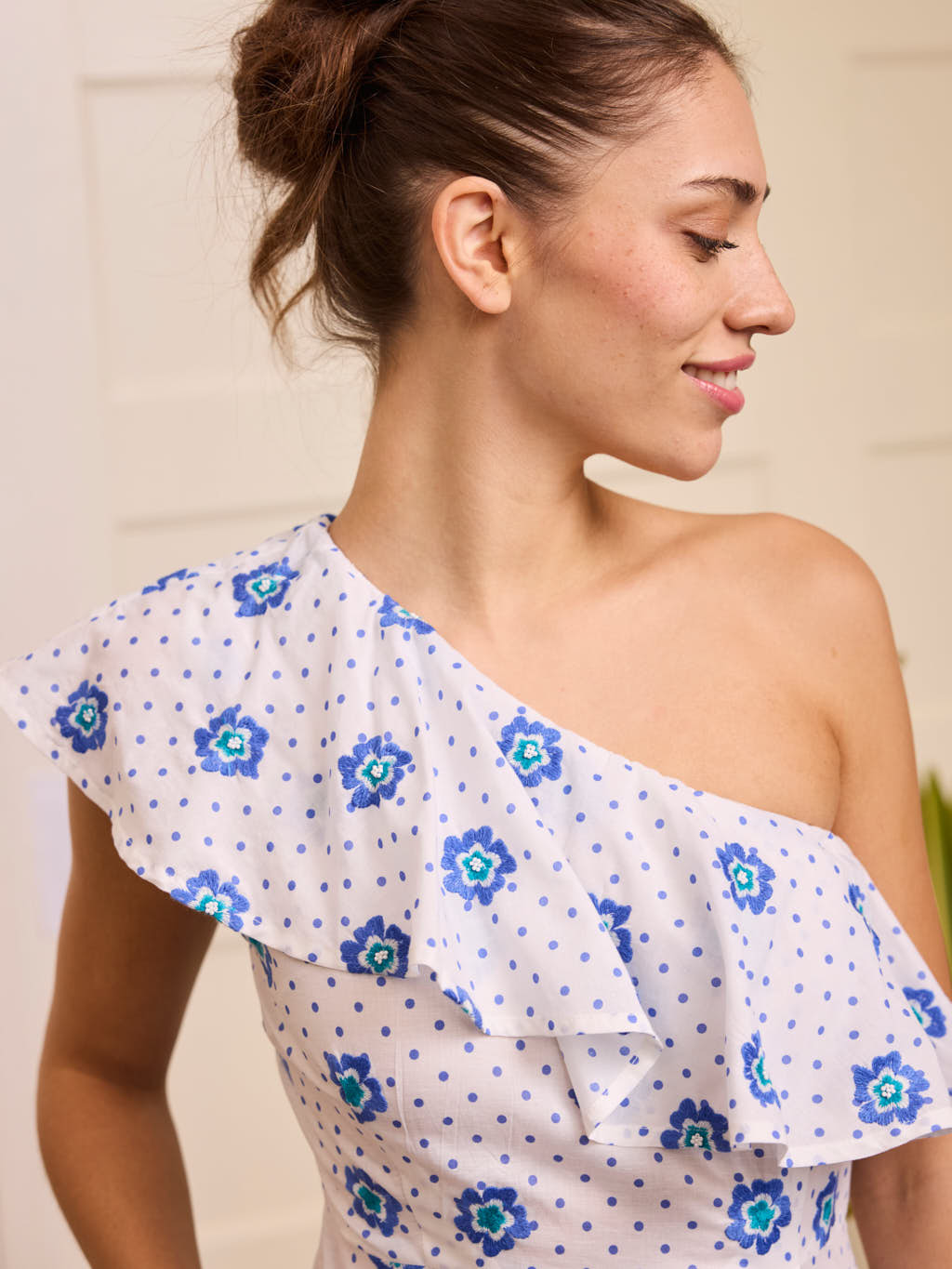 Plumeria Dress White Blue Dots Flowers