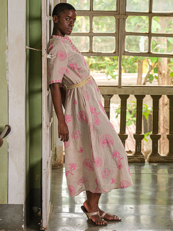 Cassia Dress Pink Flowers on Beige