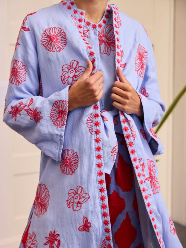 Chili Pepper Coat Red Flowers on Pastel Blue