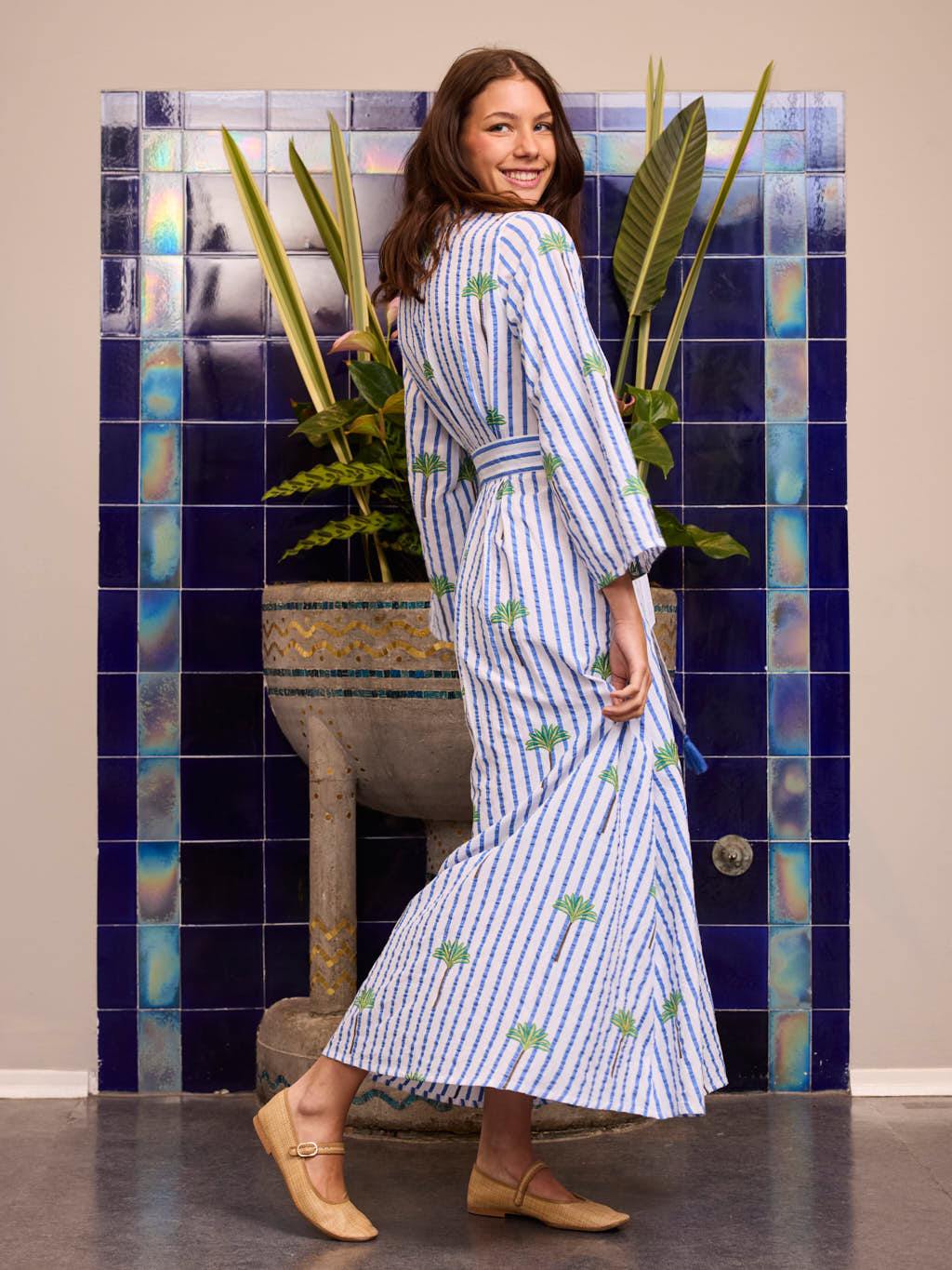 Lemon Dress Palm on Blue Stripes