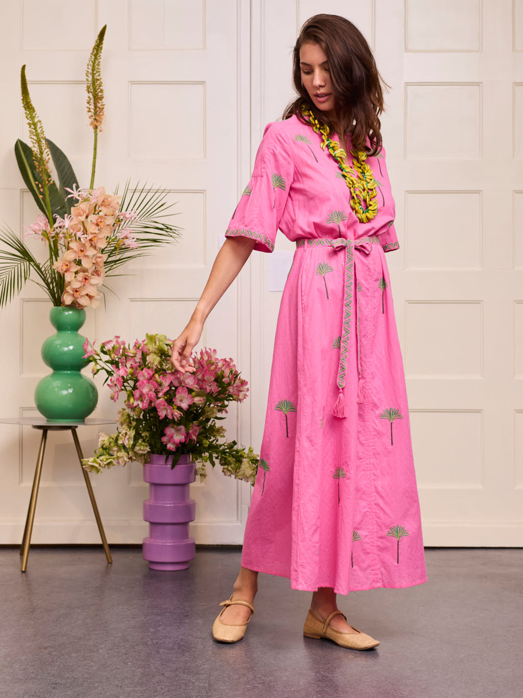 Oleander Dress Long Palm on Pink Lurex Stripe
