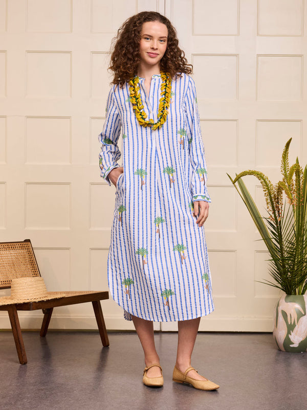 Cedar Kaftan Palm on Blue Stripes