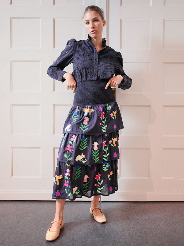 Spearmint Skirt Mexican Embroidery on Navy