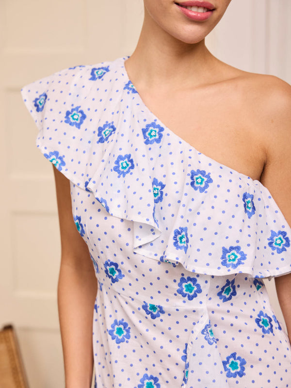 Plumeria Dress White Blue Dots Flowers