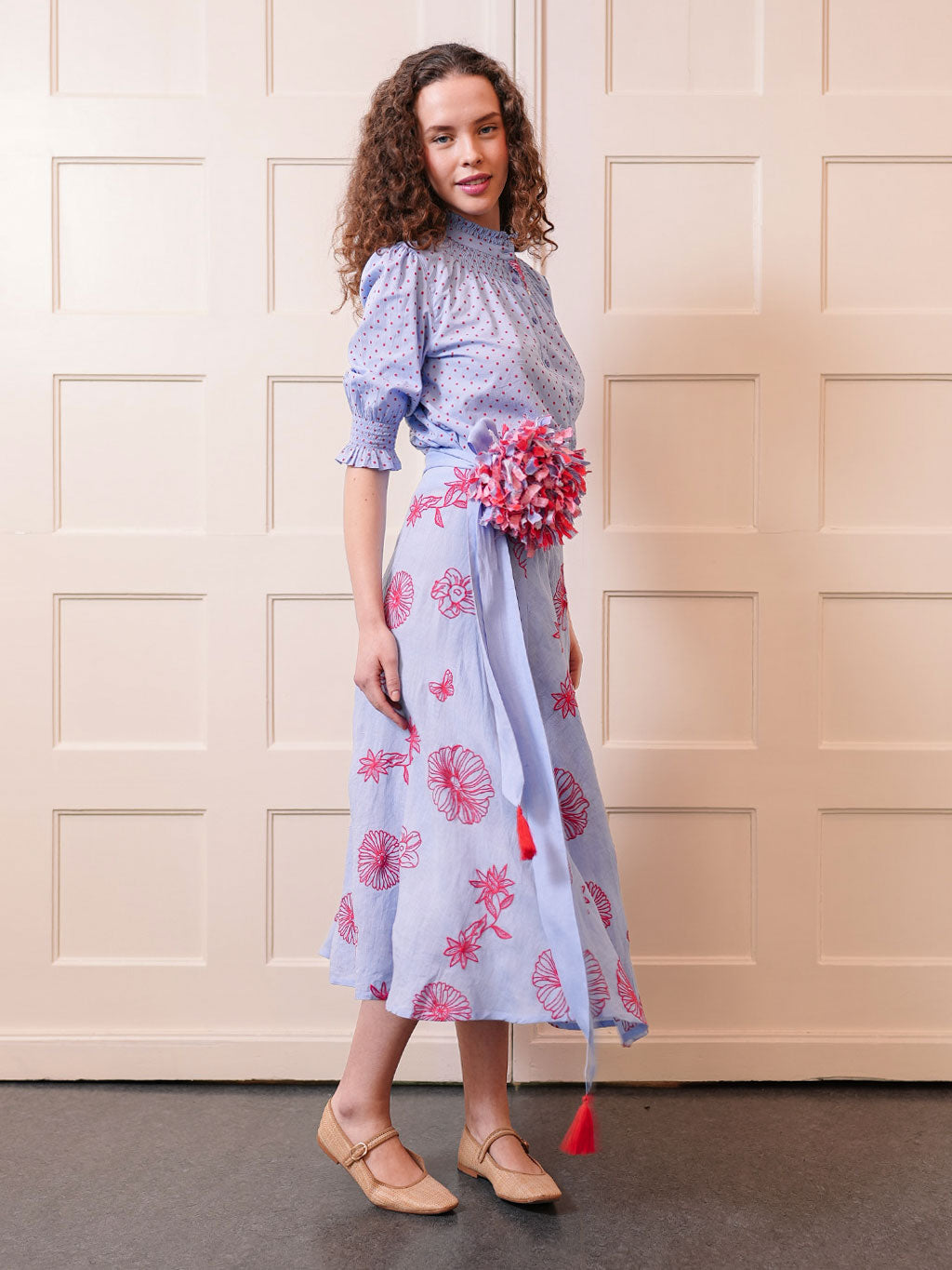 Chervil Skirt Red Flowers on Pastel Blue