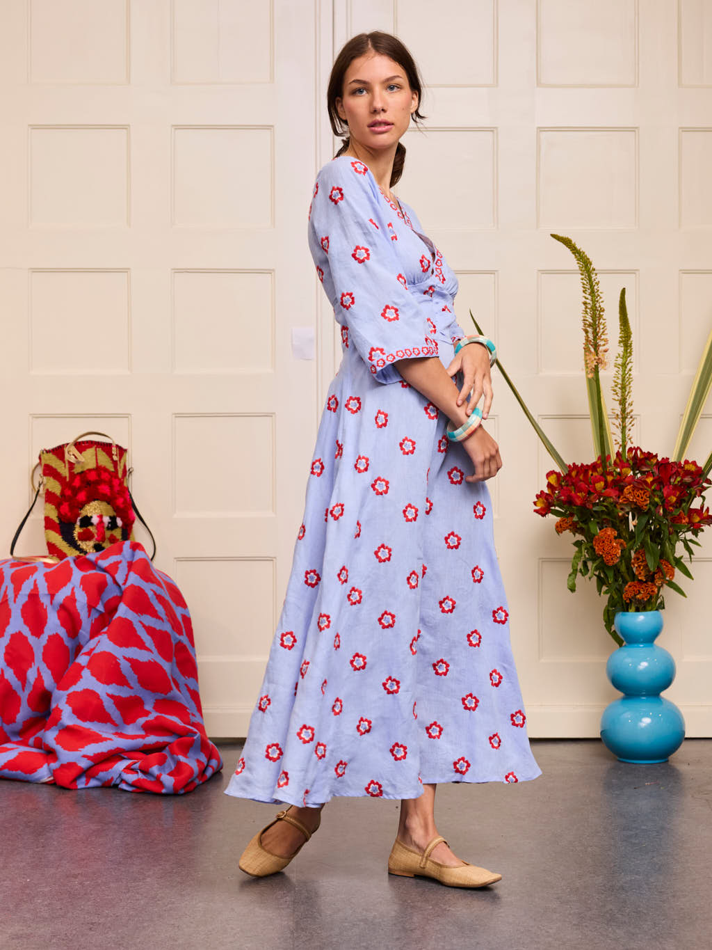 Sarsaparilla Dress Red Flowers on Pastel Blue