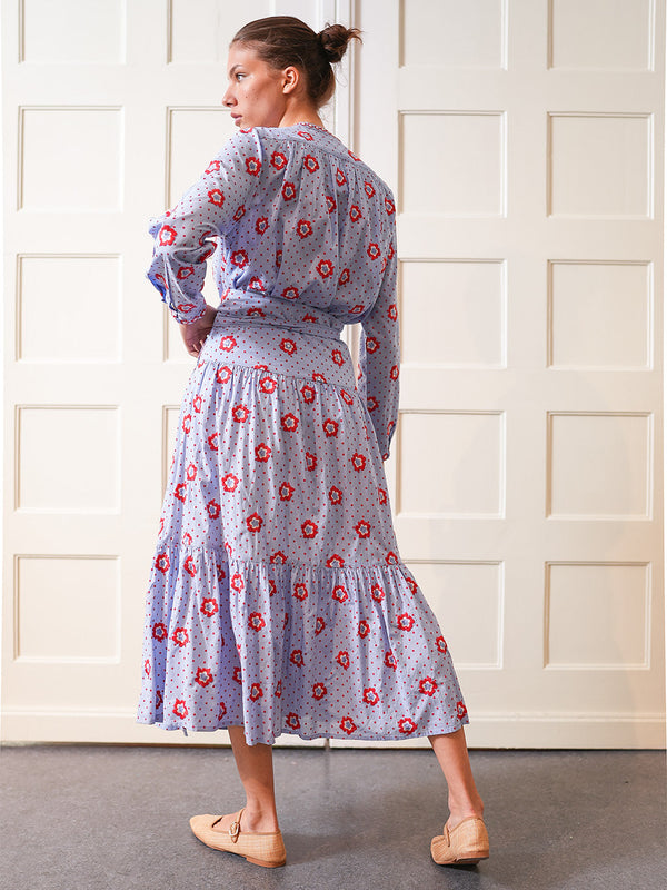 Tonka Skirt Red Dots Flower Embroidery on Blue