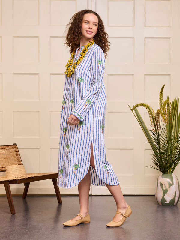 Cedar Kaftan Palm on Blue Stripes