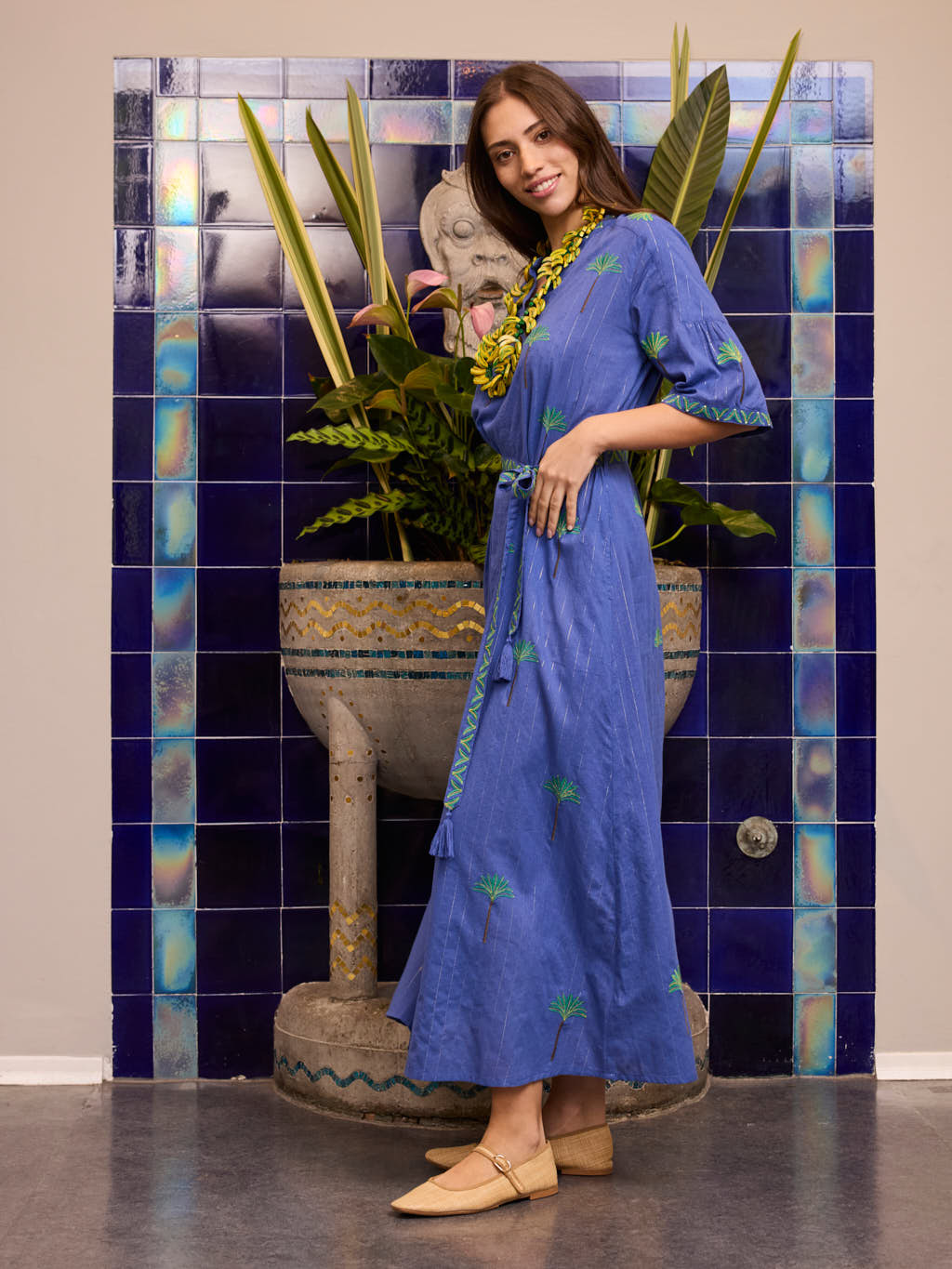 Oleander Dress Long Palm on Blue Lurex Stripe