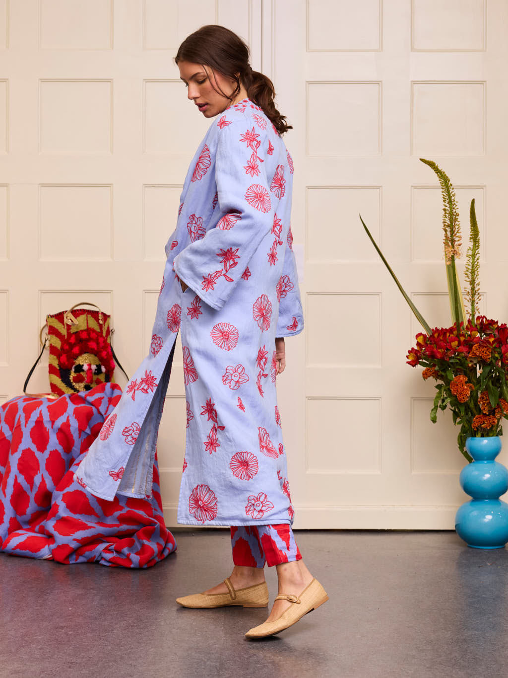 Chili Pepper Coat Red Flowers on Pastel Blue