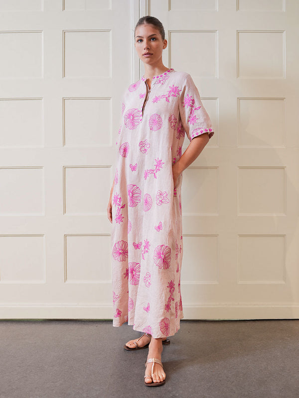 Cassia Dress Pink Flowers on Beige