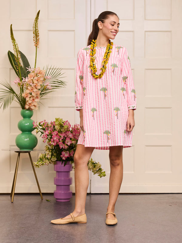 Lily Dress Palm on Pink Stripes