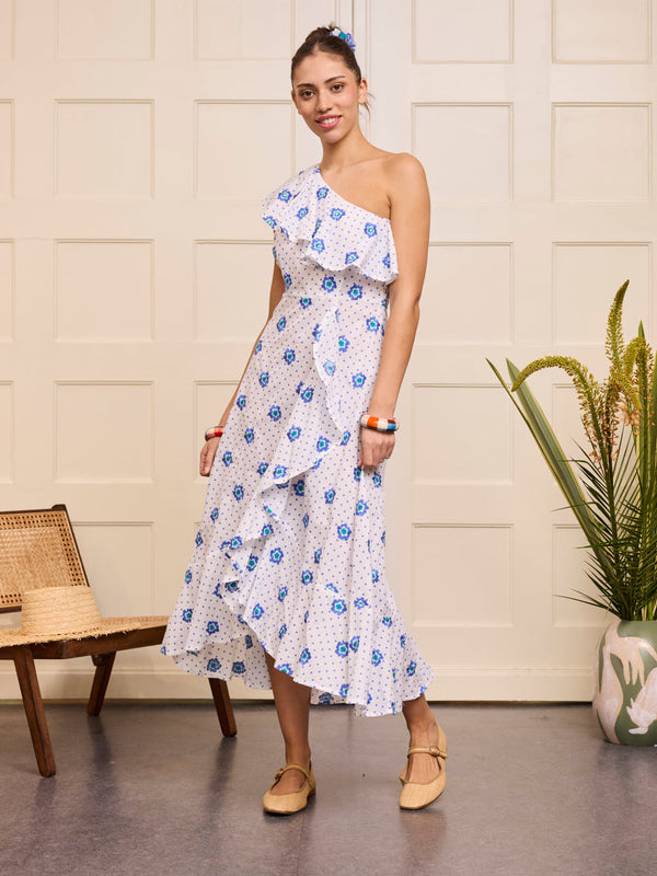 Plumeria Dress White Blue Dots Flowers