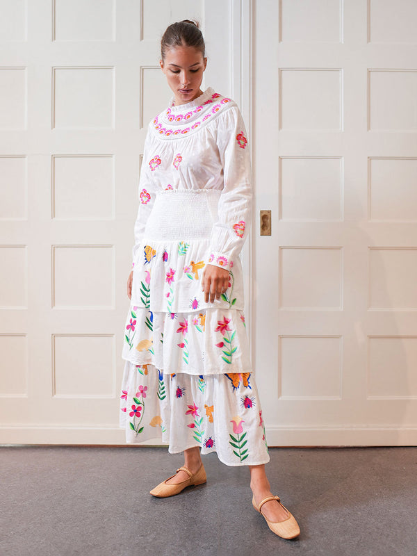 Spearmint Skirt Mexican Embroidery on White