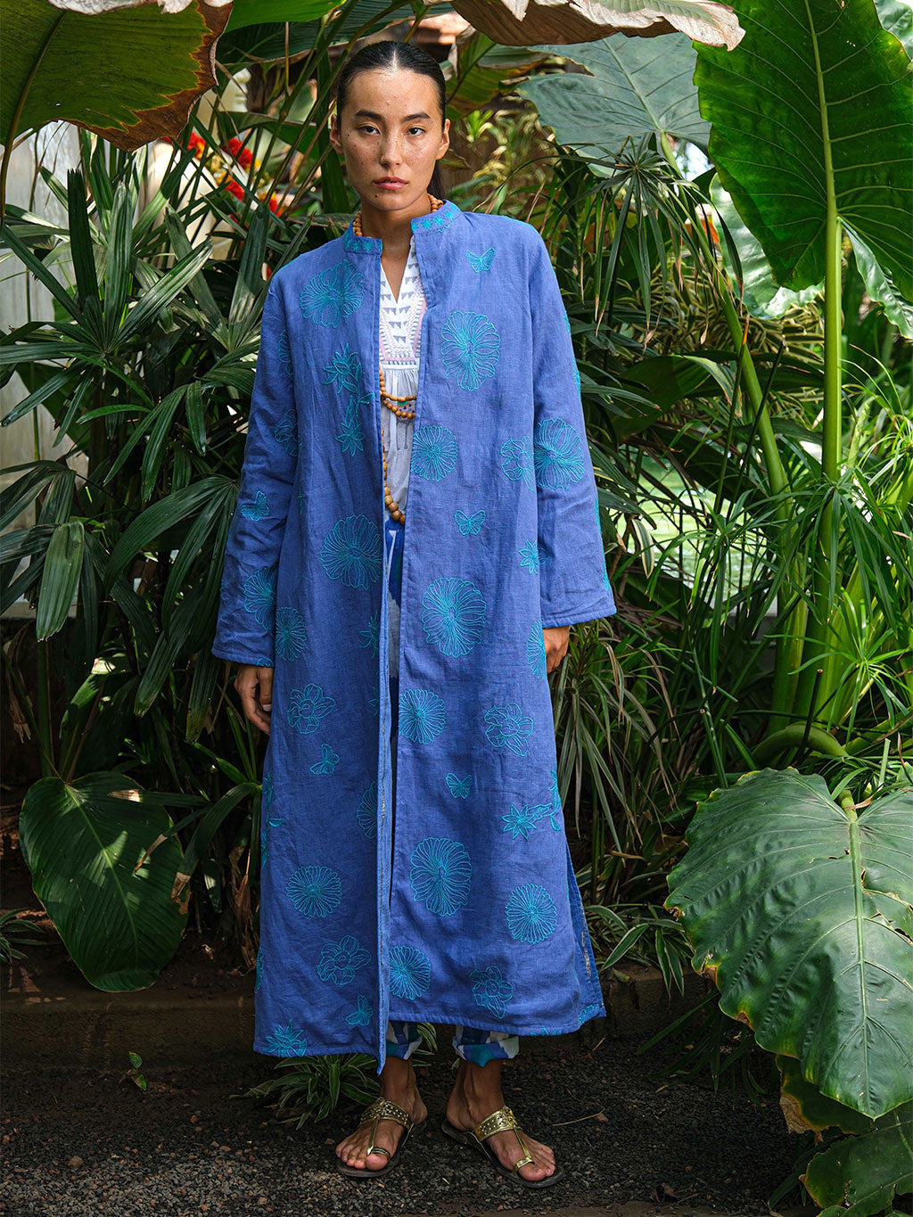 Chili Pepper Coat Petrol Flowers on Blue