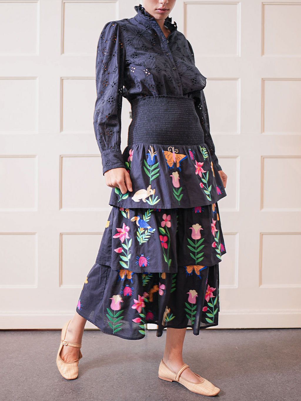 Spearmint Skirt Mexican Embroidery on Navy