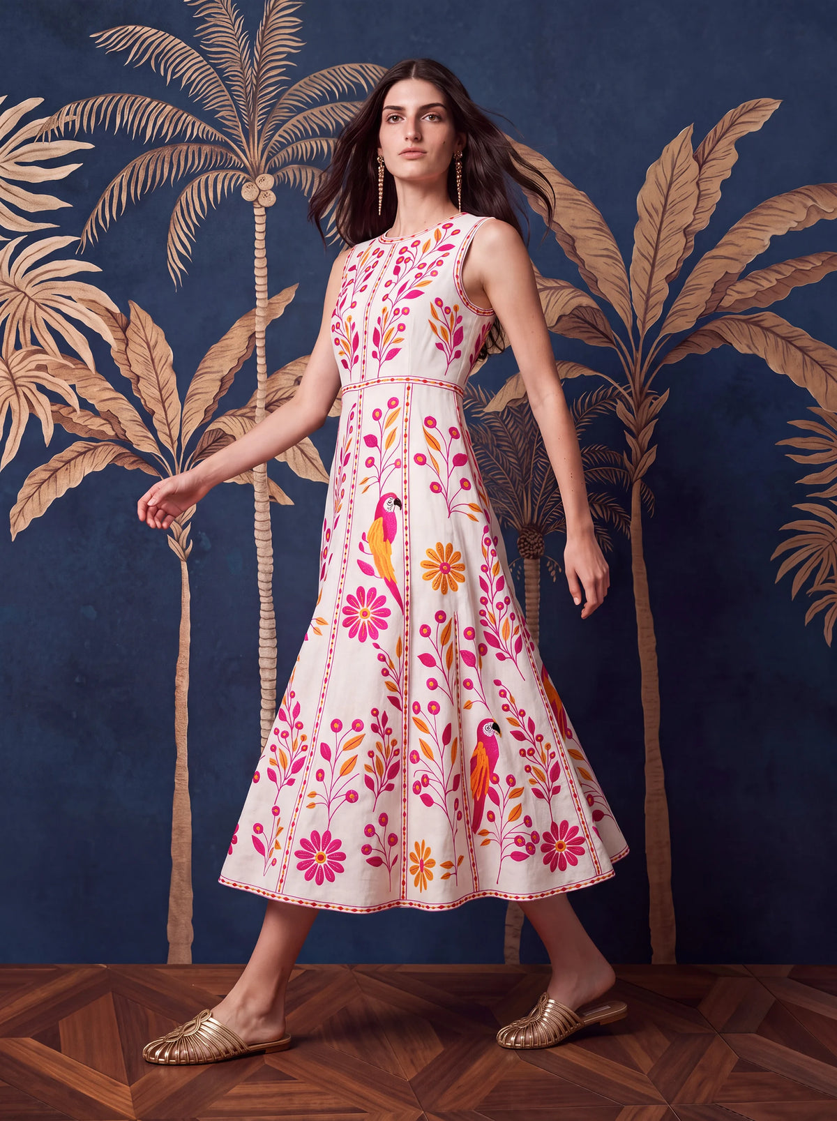 Carambula Dress Pink Parrot Embroidery