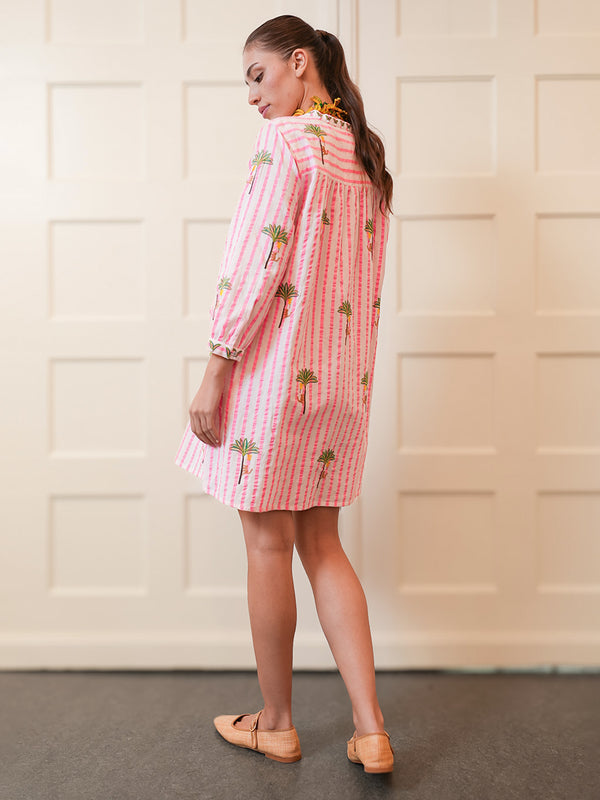 Lily Dress Palm on Pink Stripes