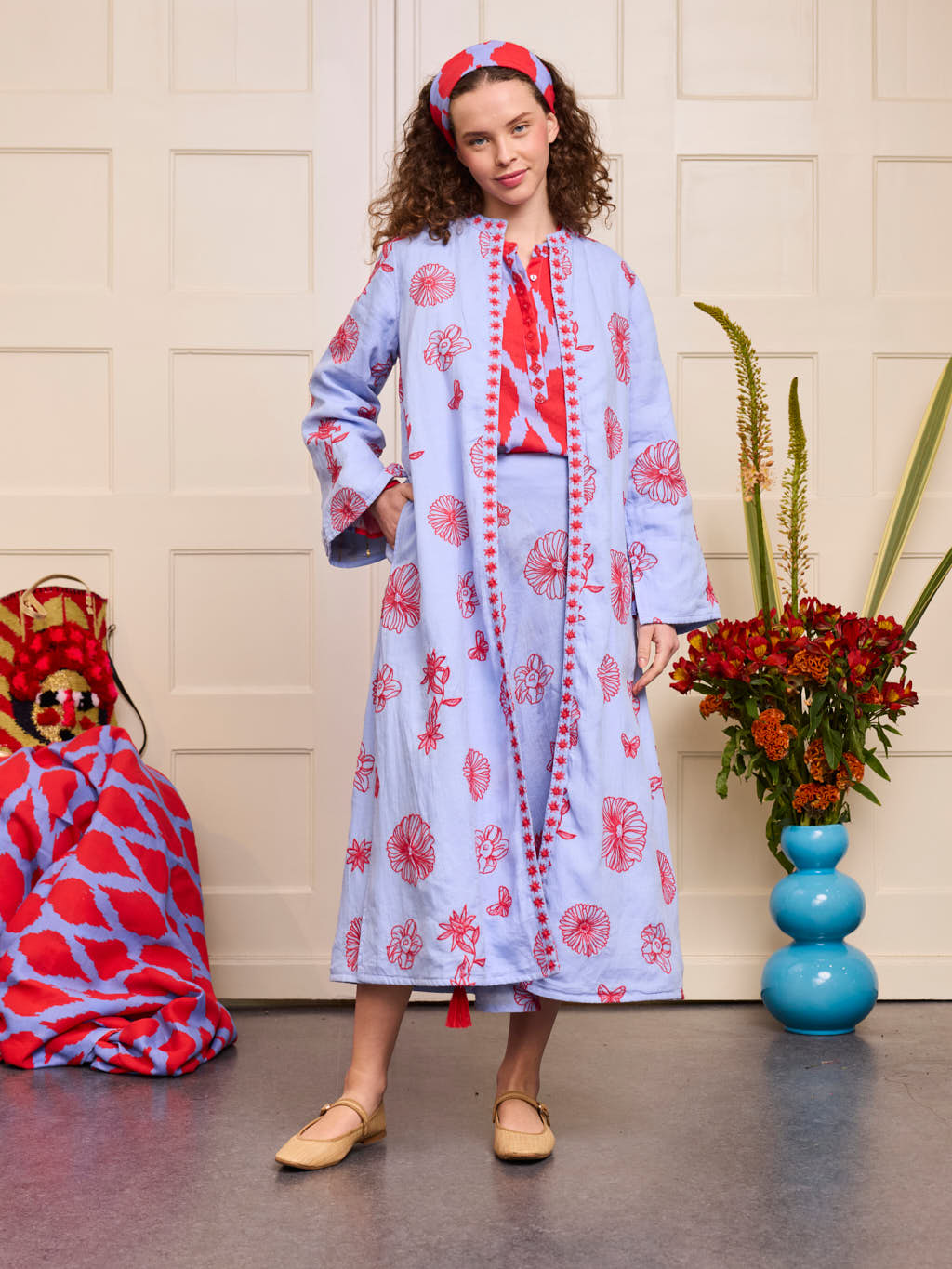 Chili Pepper Coat Red Flowers on Pastel Blue