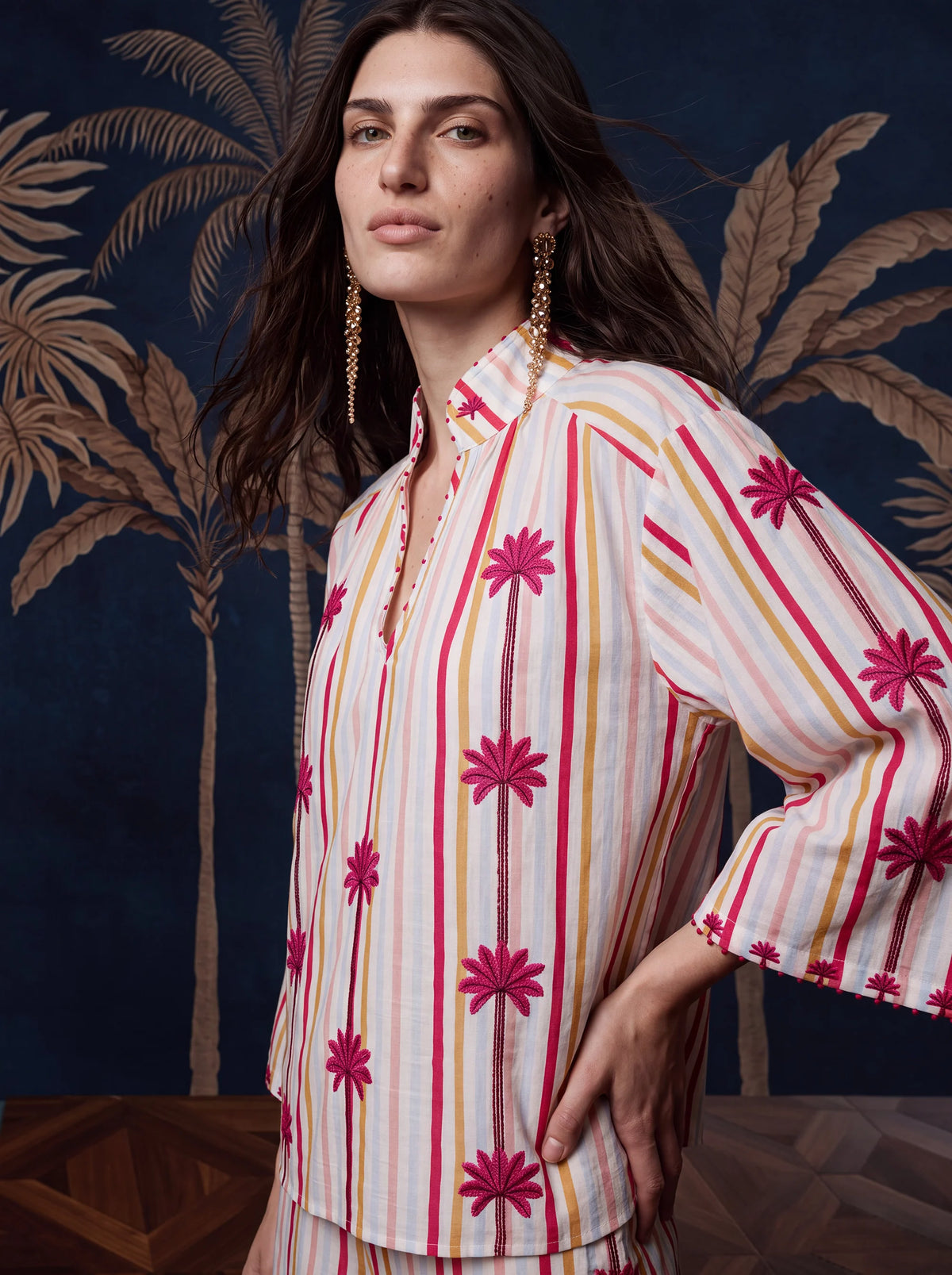 Blueberry Blouse Palm Embroidery on Stripes