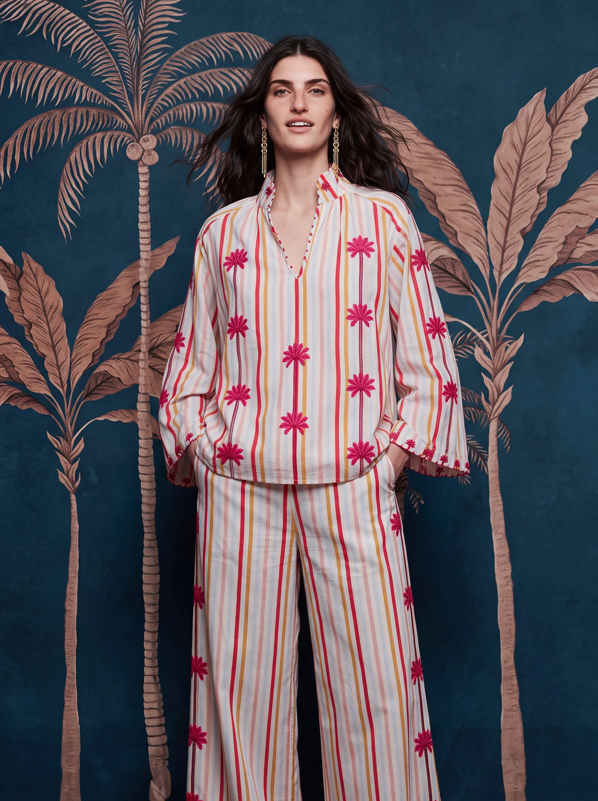 Blueberry Blouse Palm Embroidery on Stripes