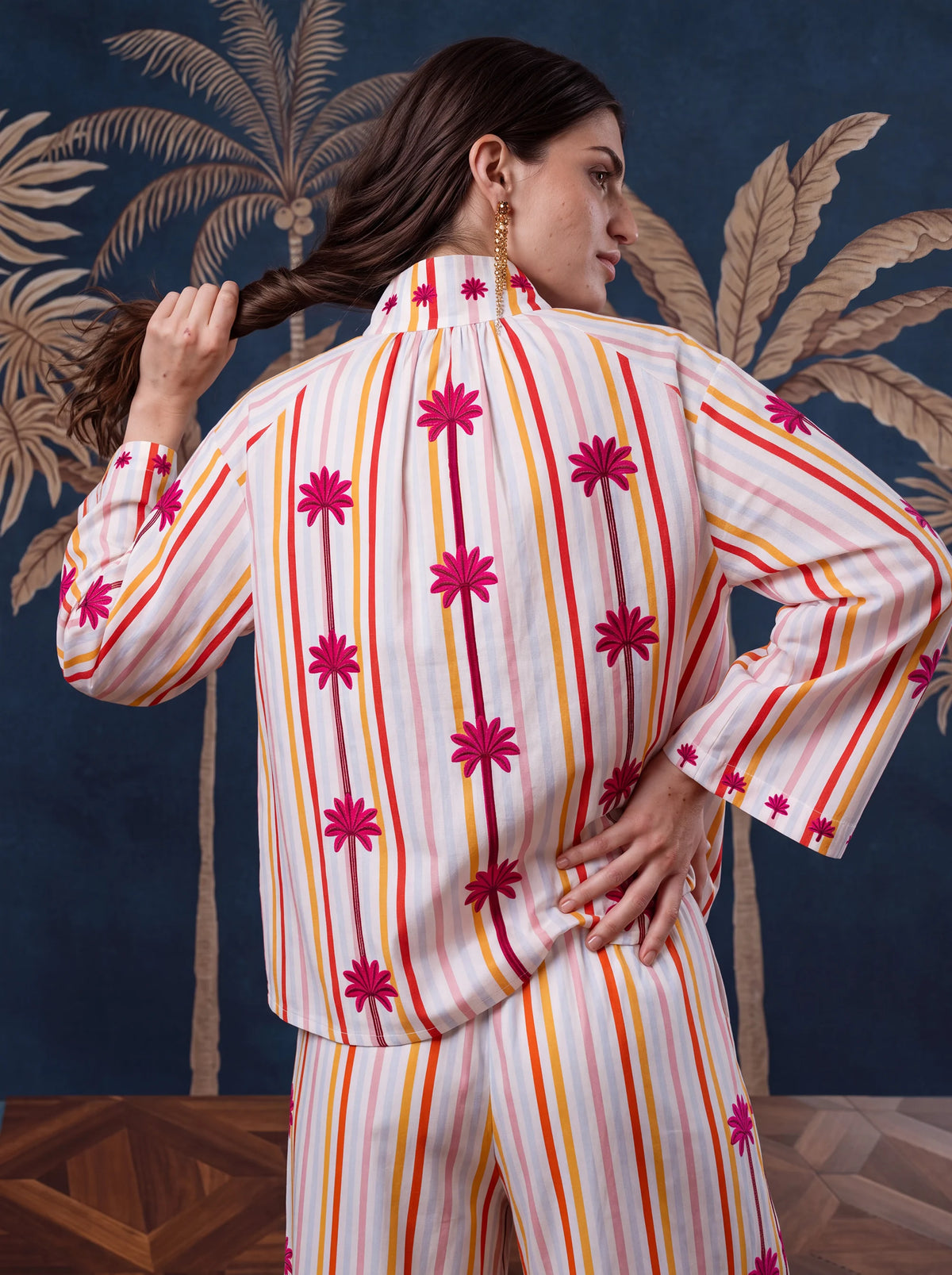 Blueberry Blouse Palm Embroidery on Stripes