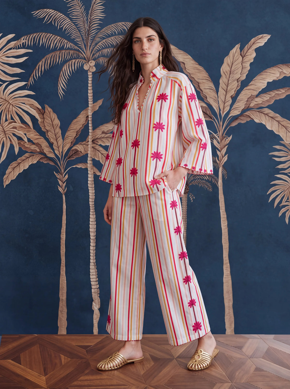 Blueberry Blouse Palm Embroidery on Stripes