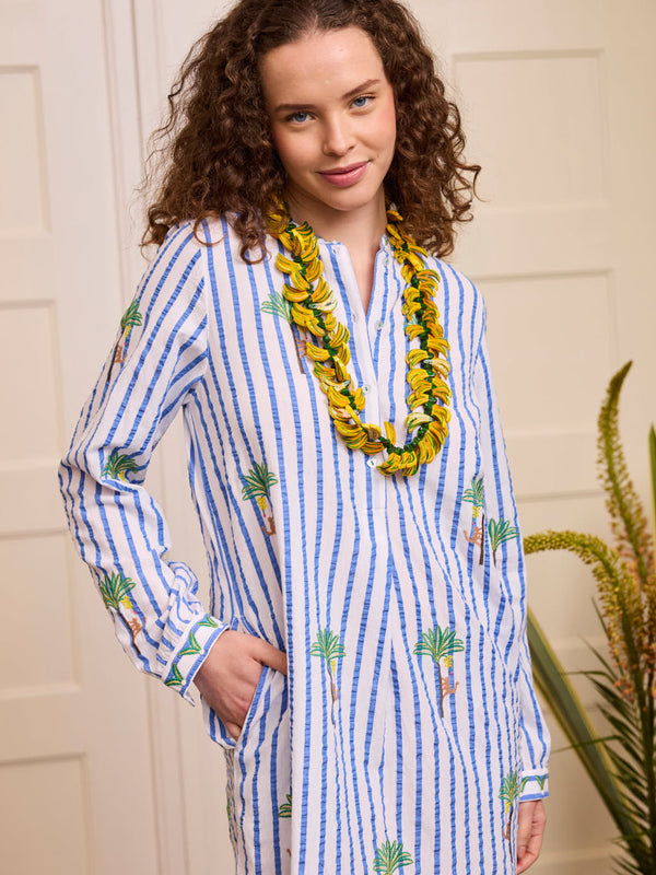 Cedar Kaftan Palm on Blue Stripes