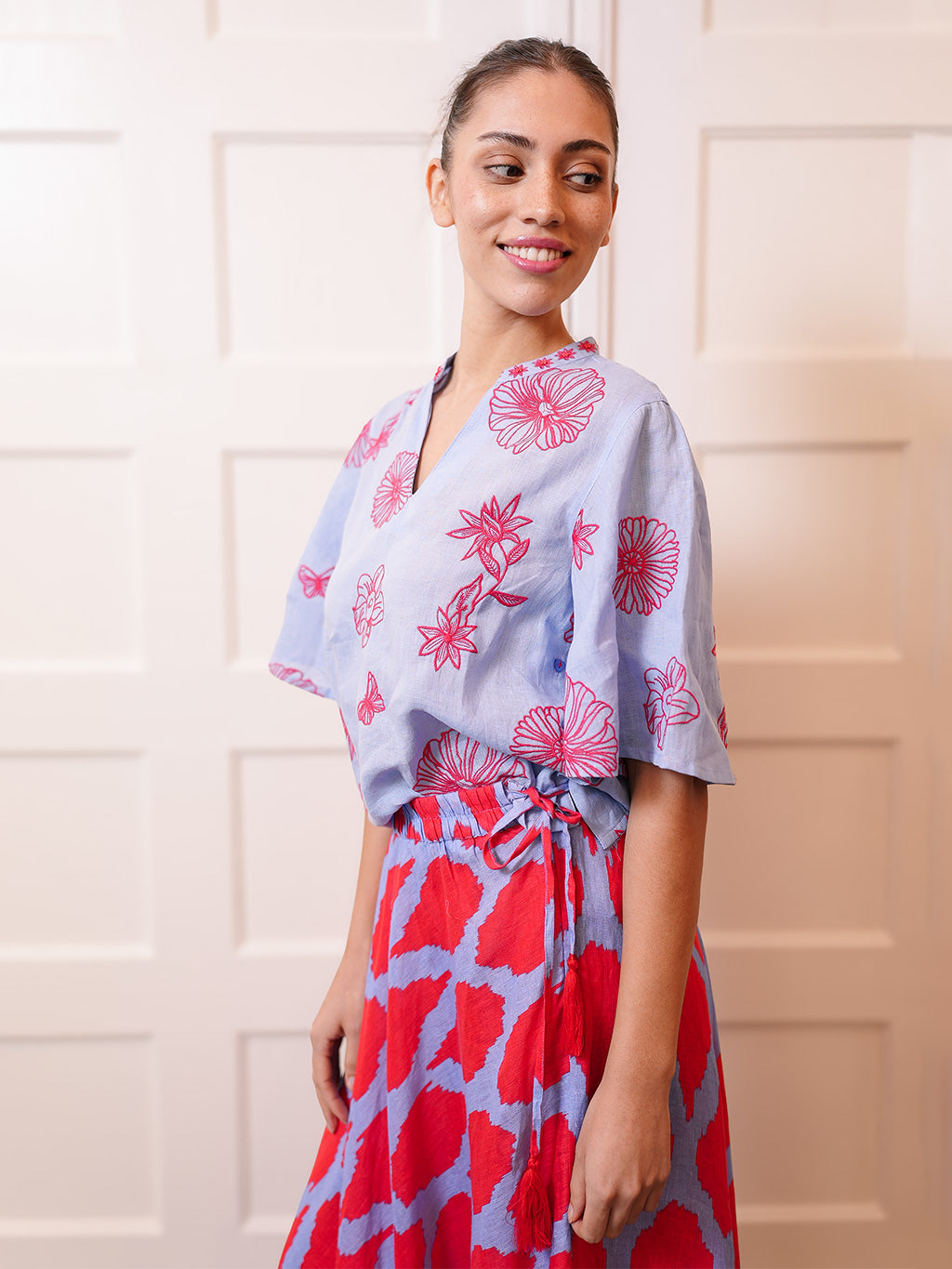 Orris Blouse Red Flower on Pastel Blue