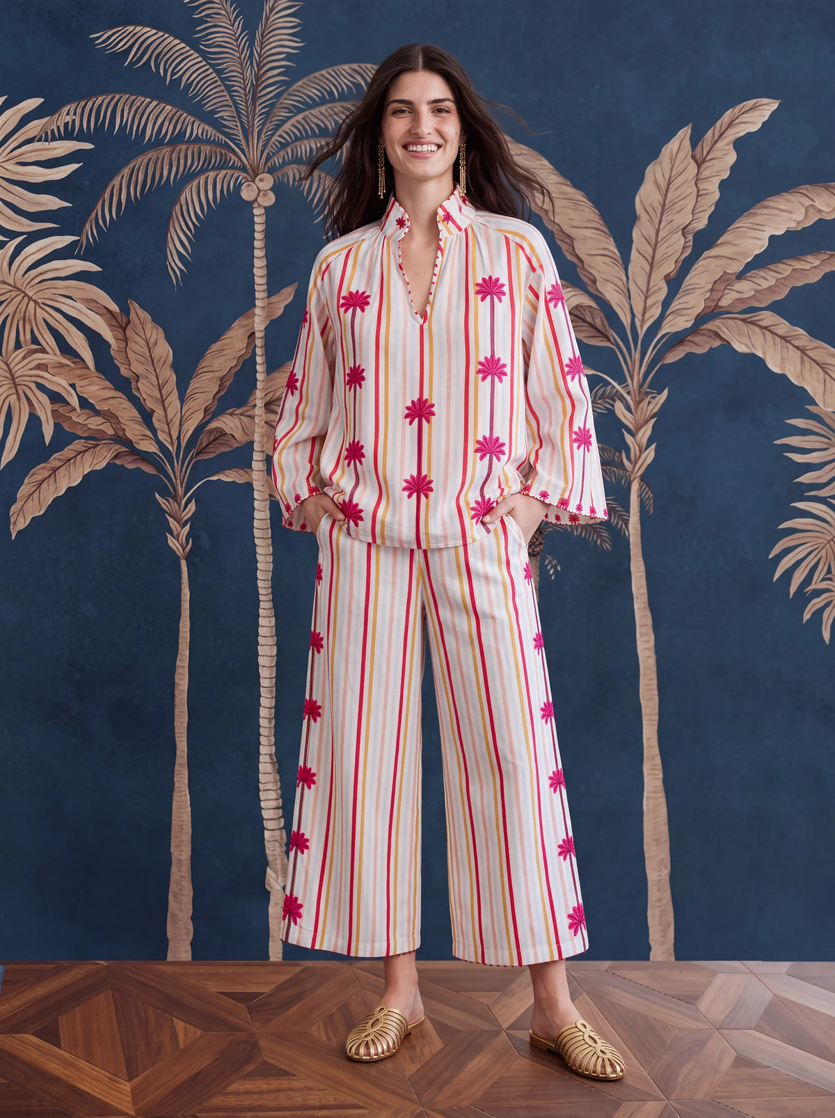 Fennel Pants Palm Embroidery on Stripes