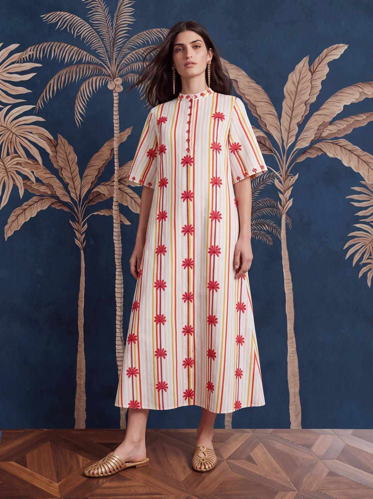 Cassia Dress Stripes Brazil Palm Embroidery