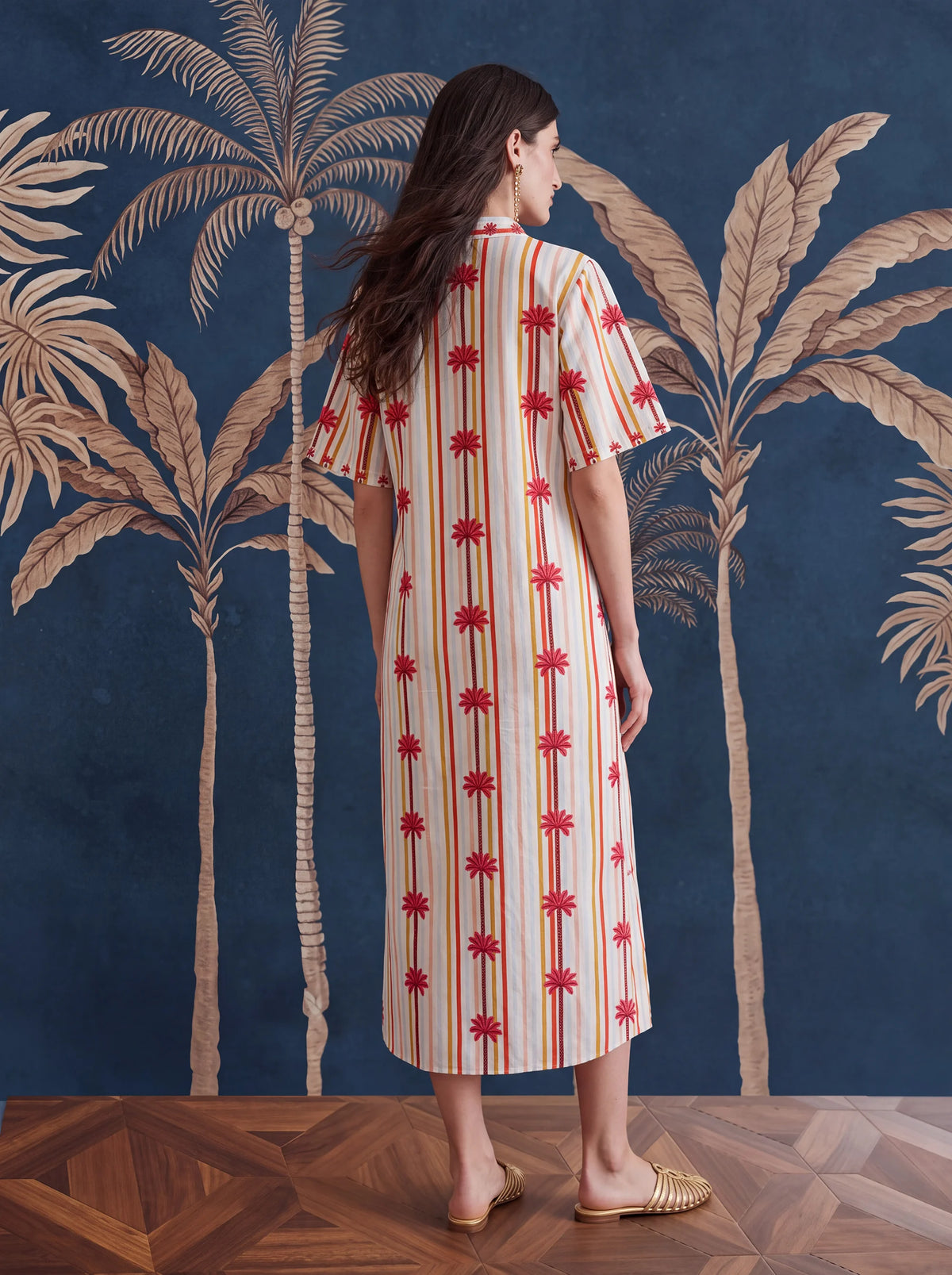 Cassia Dress Stripes Brazil Palm Embroidery