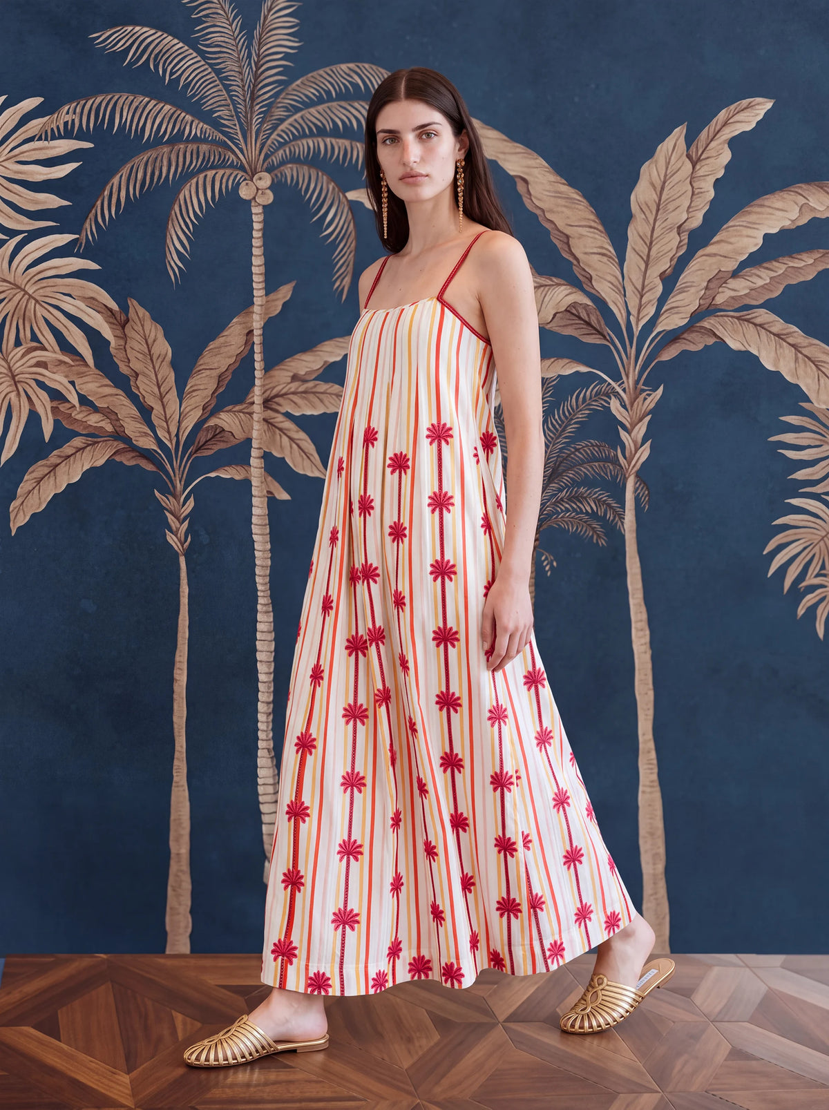 Maca Dress Palm Embroidery on Stripes