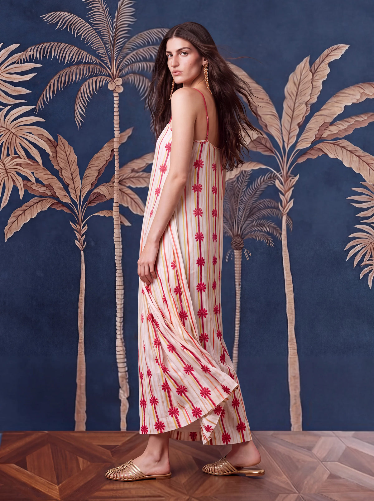 Maca Dress Palm Embroidery on Stripes