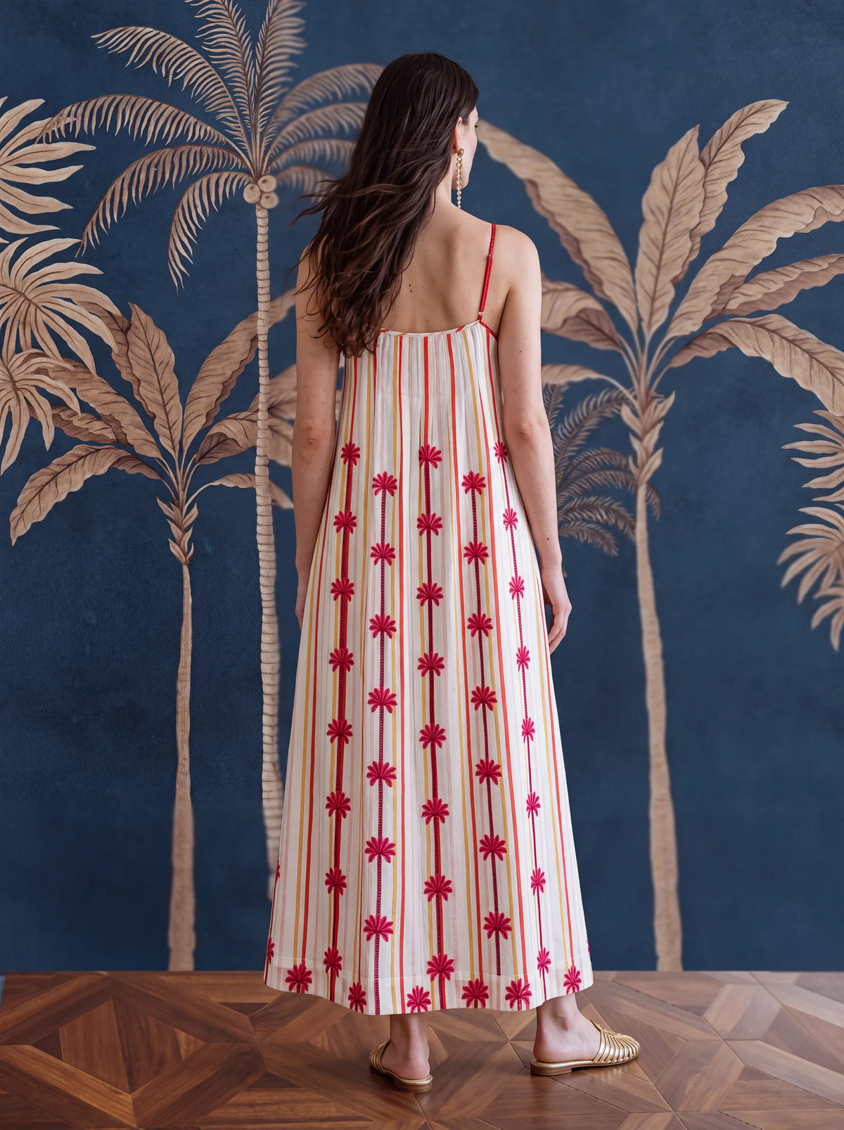 Maca Dress Palm Embroidery on Stripes