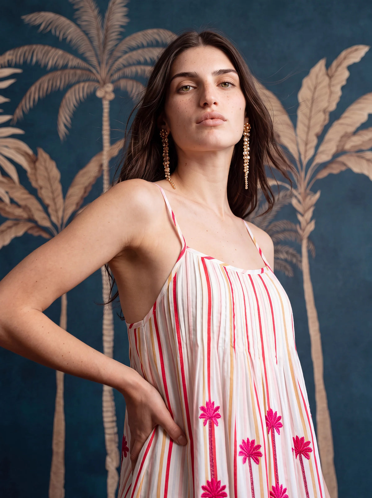 Maca Dress Palm Embroidery on Stripes
