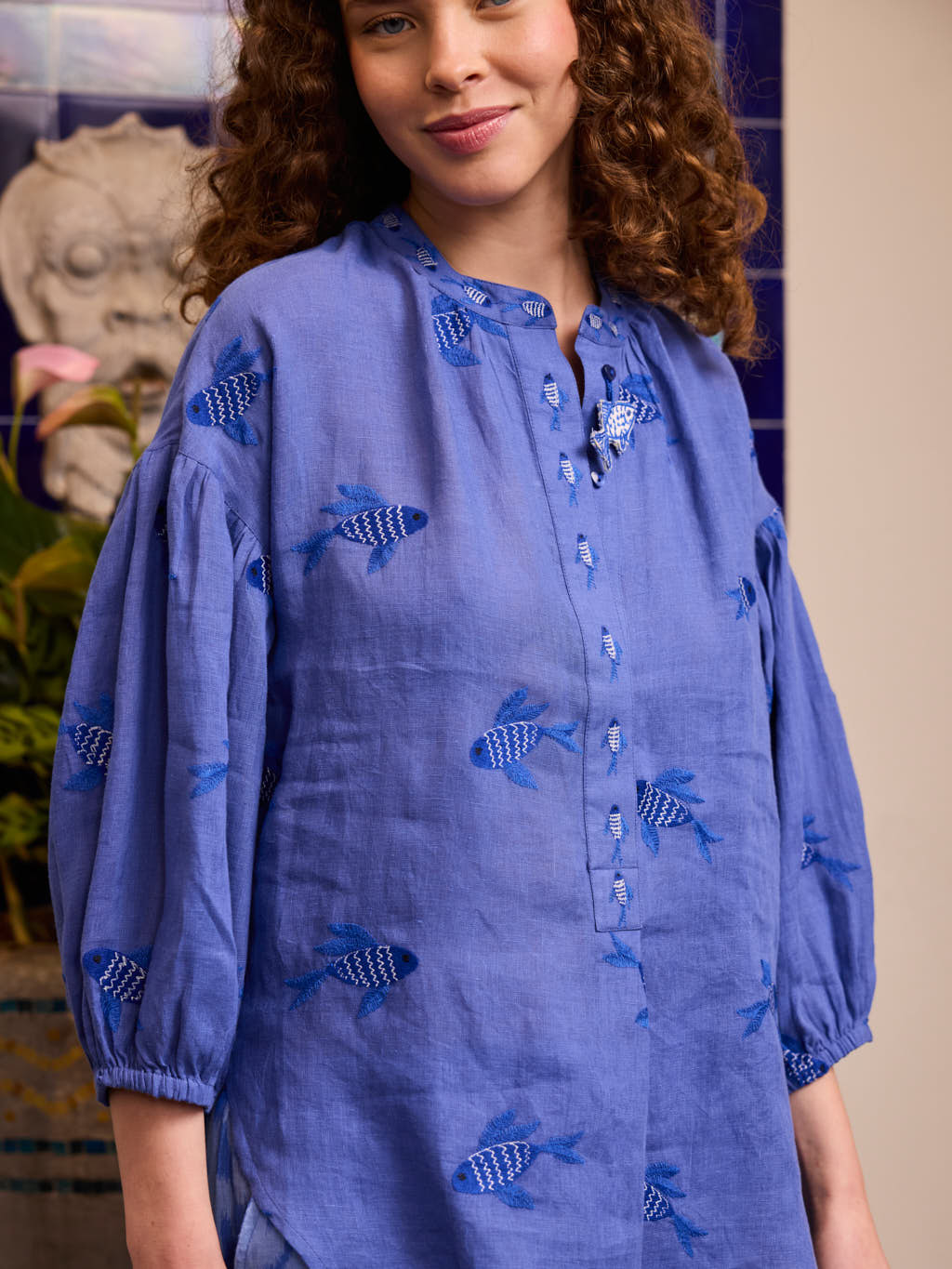 Sassafras Blouse Fish on Blue