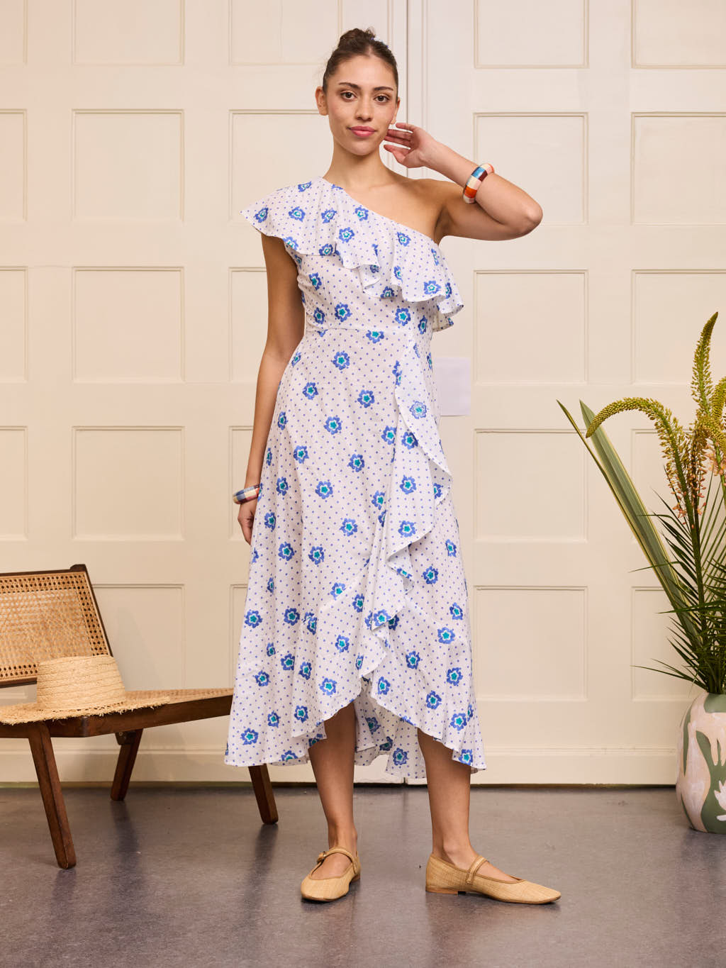 Plumeria Dress White Blue Dots Flowers